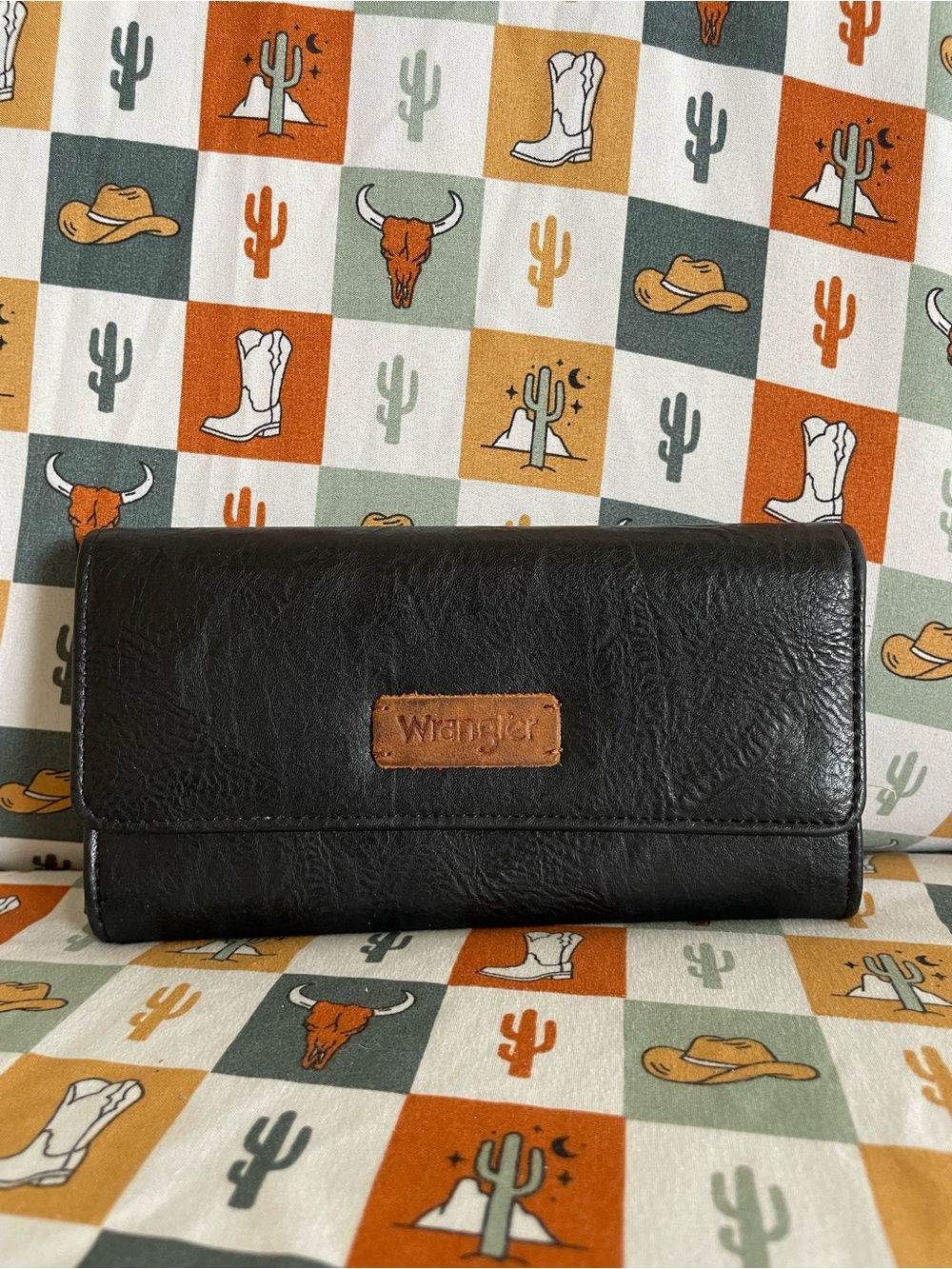Wrangler Black Wallet with Tan Logo Patch